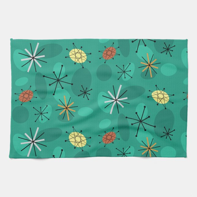 Midcentury Sputnik Starbursts Turquoise Tea Towel (Horizontal)