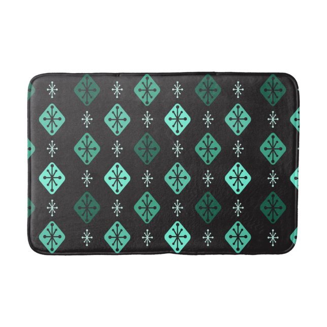 Midcentury Starbursts Diamonds Black Turquoise Bath Mat (Front)