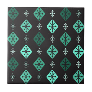 Midcentury Starbursts Diamonds Black Turquoise Ceramic Tile