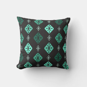 Midcentury Starbursts Diamonds Black Turquoise Cushion