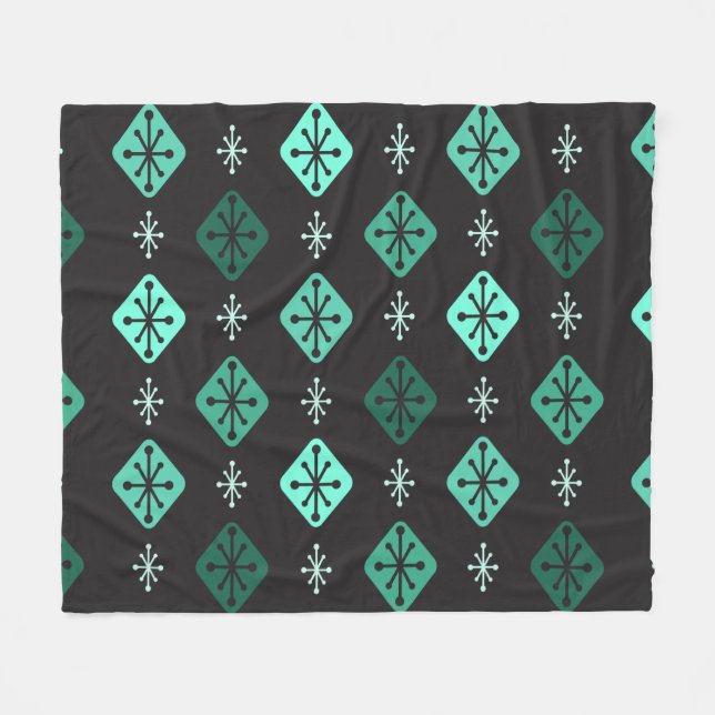 Midcentury Starbursts Diamonds Black Turquoise Fleece Blanket (Front (Horizontal))