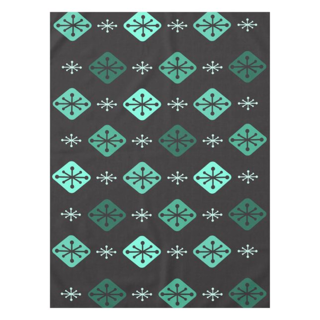 Midcentury Starbursts Diamonds Black Turquoise Tablecloth (Front)