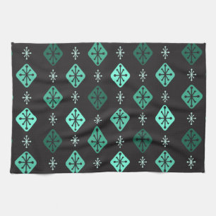 Midcentury Starbursts Diamonds Black Turquoise Tea Towel