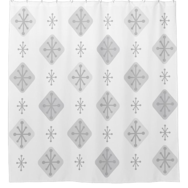 Midcentury Starbursts Diamonds Light Grey Shower Curtain (Front)