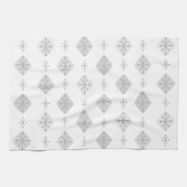 Midcentury Starbursts Diamonds Light Grey Tea Towel (Horizontal)