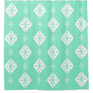 Midcentury Starbursts Diamonds Mint Green Shower Curtain