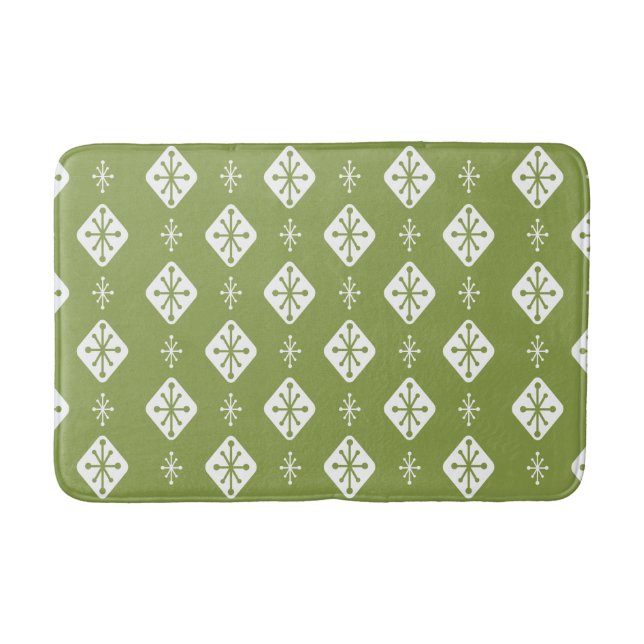 Midcentury Starbursts Diamonds Olive Green Bath Mat (Front)