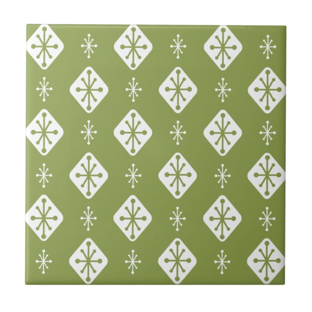 Midcentury Starbursts Diamonds Olive Green Ceramic Tile (Front)