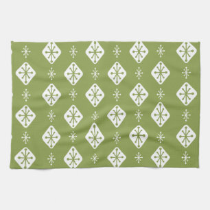 Midcentury Starbursts Diamonds Olive Green Tea Towel