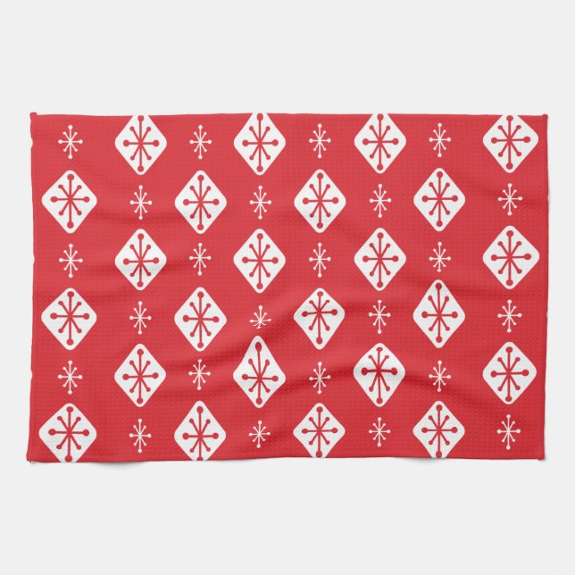 Midcentury Starbursts Diamonds Red Tea Towel (Horizontal)
