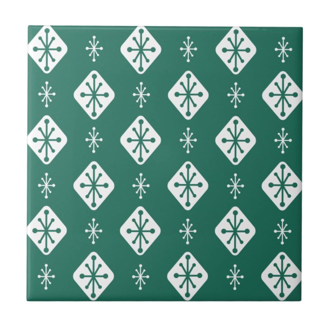 Midcentury Starbursts Diamonds Teal Ceramic Tile (Front)