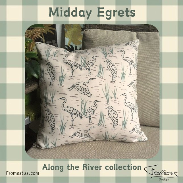 Midday Egrets - Along the River - birds pattern. Cushion (Creator Uploaded)