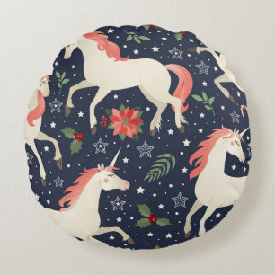 Middle Ages print Unicorns on a Christmas floral b Round Cushion