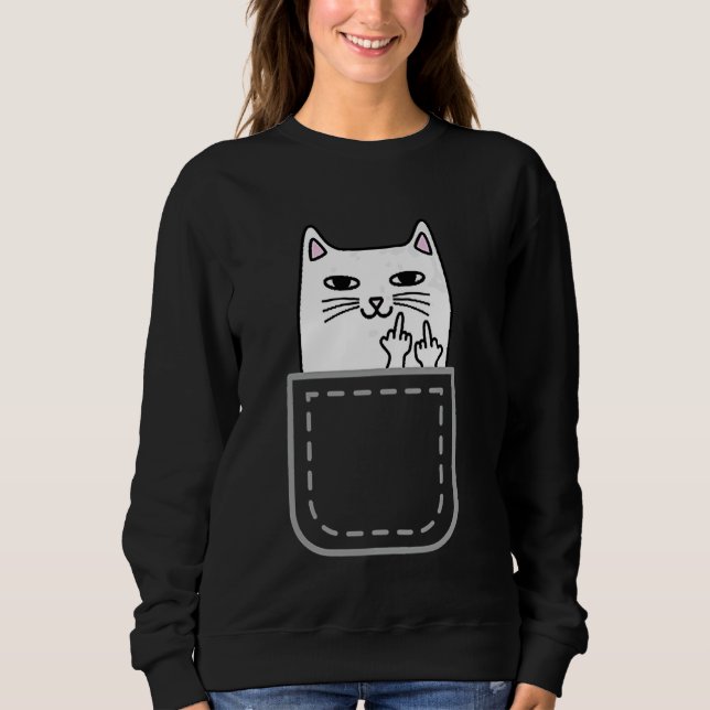 Middle Finger Cat Pocket Funny Cartoon Cat White P Sweatshirt (Front)