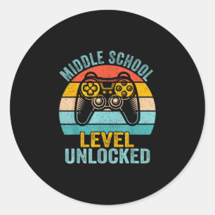 Middle school level unlocked retro video game back classic round sticker