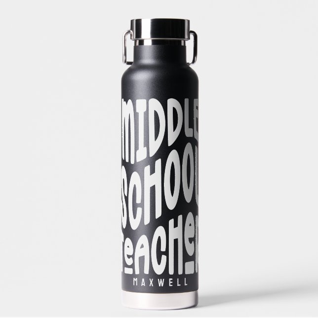 Middle School Teacher Black Text  Water Bottle (Front)