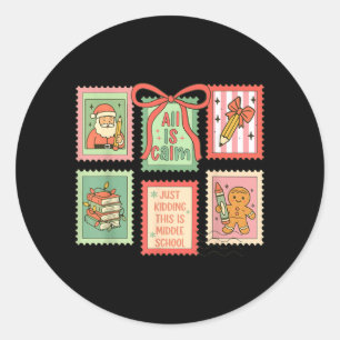 Middle School Teacher Christmas Stamp Bow Middle Classic Round Sticker