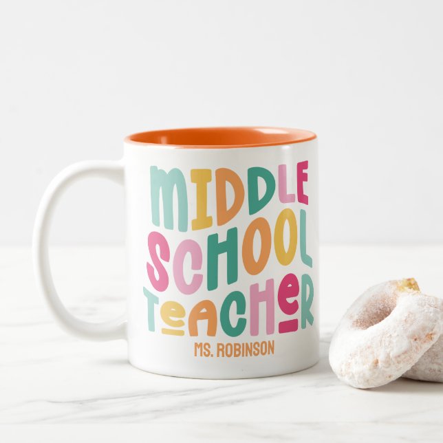 Middle School Teacher | Colourful Retro  Two-Tone Coffee Mug (With Donut)