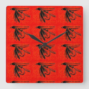 Midge in black on red  fly fishing fly tying art square wall clock