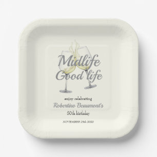 Midlife Good Life Elegant Wine Glass 50th Birthday Paper Plate
