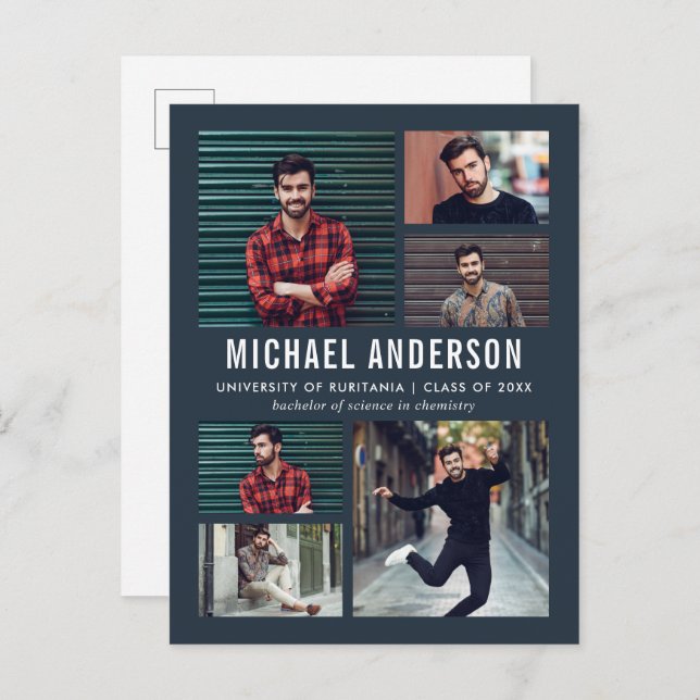 Midnight | 6 Photo Chalkboard Graduation Invitation Postcard (Front/Back)