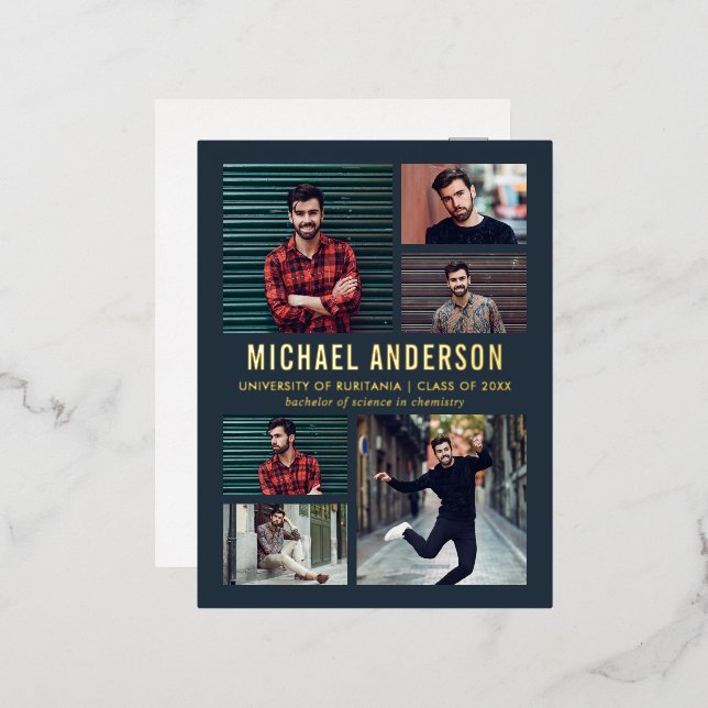 Midnight | 6 Photo Chalkboard Graduation Party Foil Invitation Postcard (Front/Back)