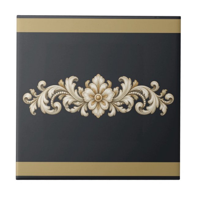 Midnight Acanthus Custom Colour Frieze Ceramic Tile (Original charcoal & antique ochre palette. Background and both bands can be personalized.)