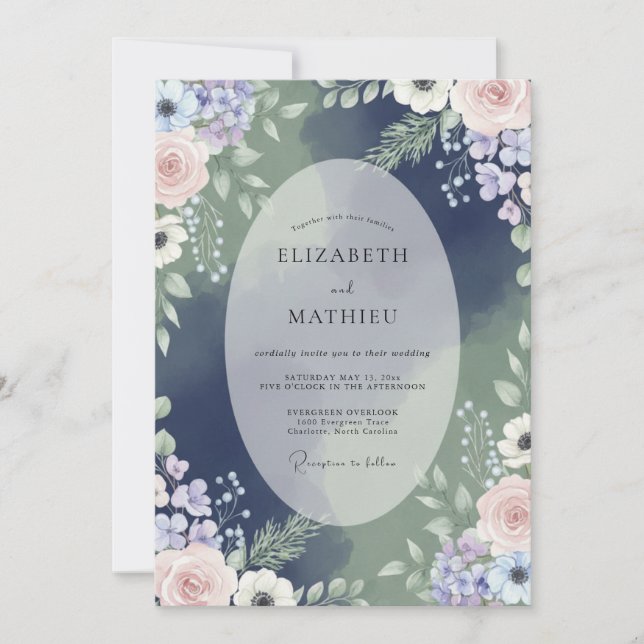 Midnight Amethyst Hydrangea Eucalyptus Wedding Invitation (Front)