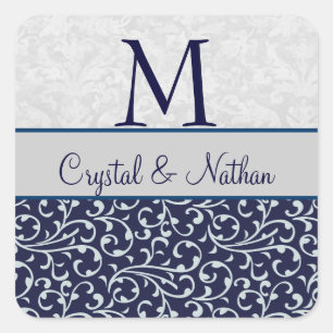 MIDNIGHT and SILVER Damask Wedding Monogram Square Sticker