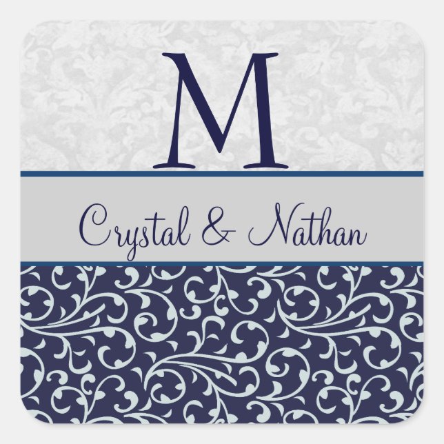 MIDNIGHT and SILVER Damask Wedding Monogram Square Sticker (Front)