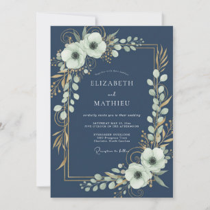 Midnight Antique Cream Leafy Wedding Invitation