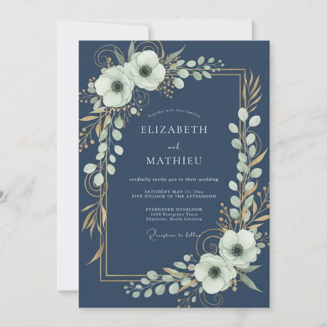Midnight Antique Cream Leafy Wedding Invitation (Front)