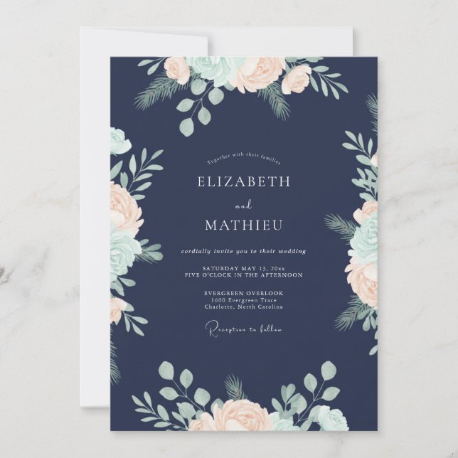 Midnight Apricot Leafy Wedding Invitation (Front)