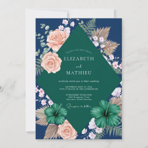Midnight Apricot Palm Eucalyptus Wedding Invitation