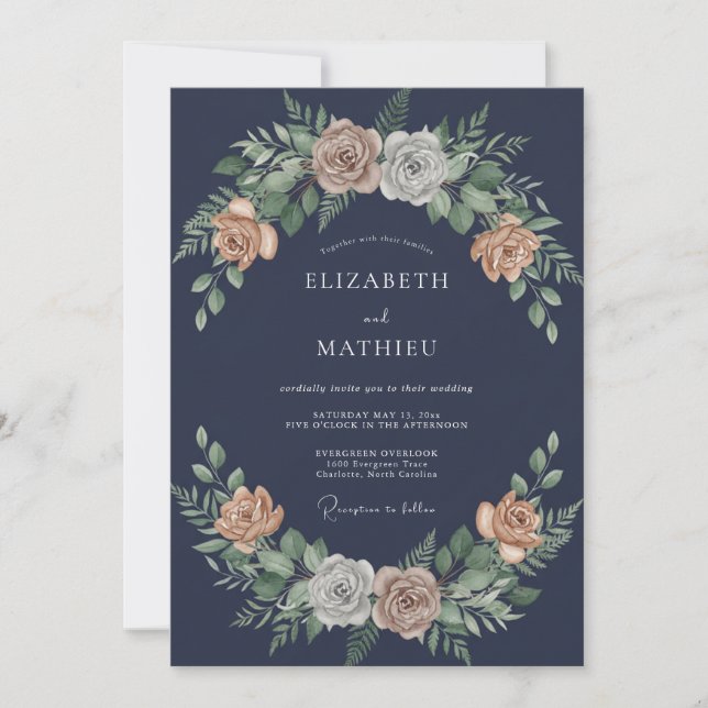 Midnight Apricot Petal Wedding Invitation (Front)