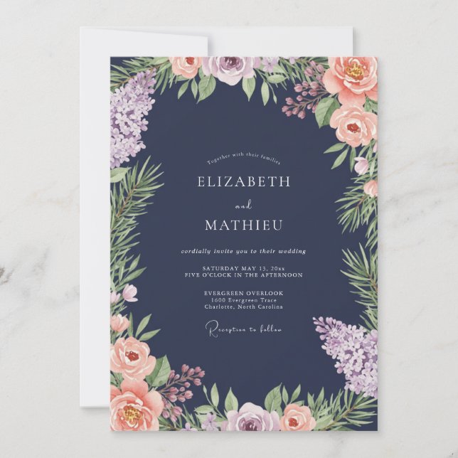 Midnight Apricot Ranunculus Eucalyptus Wedding Invitation (Front)