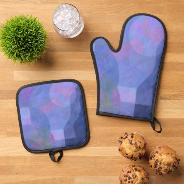 Midnight Arches – Indigo Abstract Geometry Oven Mitt & Pot Holder Set (Top Down)