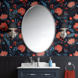Midnight Berry Blooms - Black, Red, and Blue Wallpaper