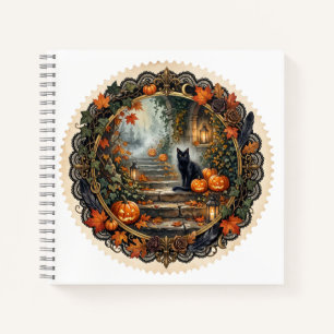 Midnight Black Cat Garden Vintage Halloween Stamp Notebook