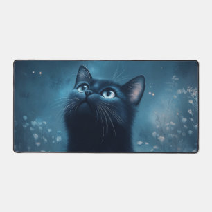 Midnight Black Cat Stargazing Night Sky Desk Mat