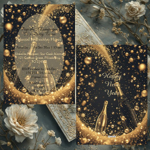 Midnight Black Gold Champagne Dreams New Year's   Invitation