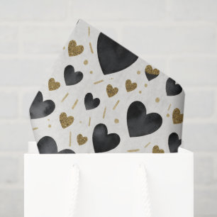 Midnight Black & Gold Glitter Watercolor Hearts Tissue Paper