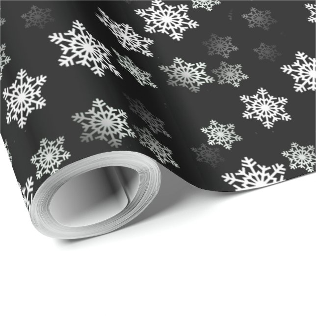 Midnight Black Snow Flake Flurries Wrapping Paper (Roll Corner)