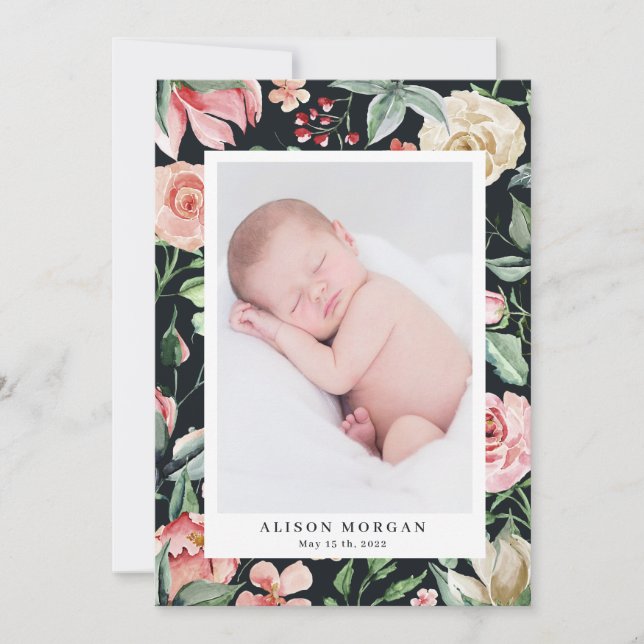 midnight bloom blush floral birth announcement (Front)