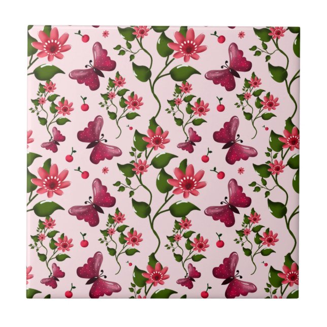 Midnight Bloom Butterfly Floral Ceramic Tile (Front)