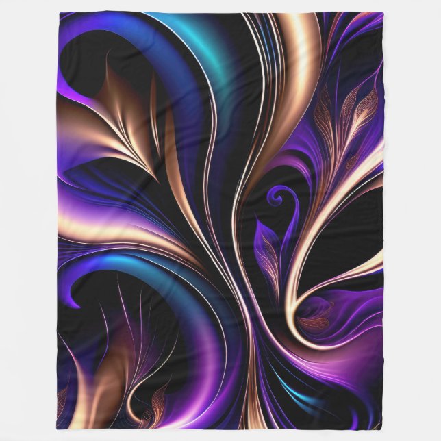 Midnight Bloom - Deep Purple, Teal & Gold Abstract Fleece Blanket (Front)