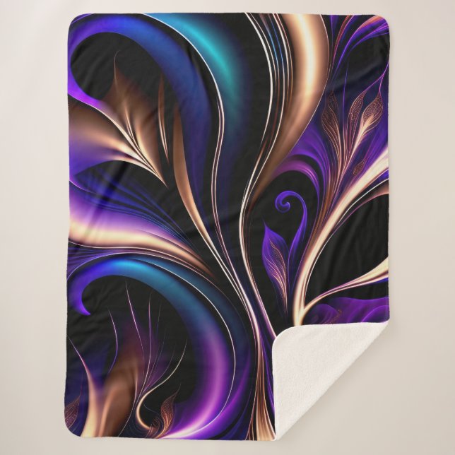 Midnight Bloom - Deep Purple, Teal & Gold Abstract Sherpa Blanket (Front)