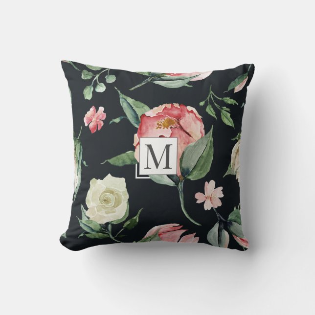 midnight bloom elegant floral Monogram Cushion (Front)