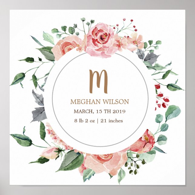Midnight Bloom Monogram Baby Birth Poster (Front)