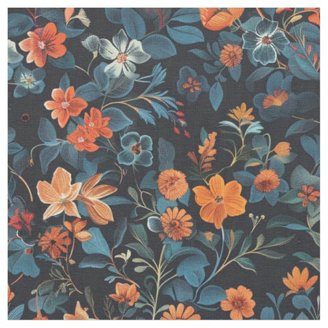 Midnight Bloom: Orange and Blue Floral Symphony  Fabric (Close Up)